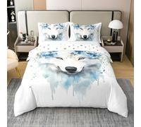 Homewish Loup Blanc Coton Housse de Couette 200x200,Fleurs Végétales Bleues Parure de Lit,Aquarelle Peinture À L'Encre Linge de Lit,Oeuvre Minimaliste Literie avec 2 Taies d'oreiller