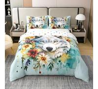 Homewish Loup Linge de Lit,Aquarelle Tie Dye Literie,Fleurs Jaunes Rustiques Housse de Couette 220x240,Animaux de Jungle Graffiti Parure de Lit Décoration À L'Encre