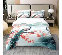 Homewish Paon Coton 220x240 Couvre Lit Style Japonais Parure de Lit Sakura Housse de Couette Fille Fuji Mountain Linge de Lit Aquarelle Animaux Esthétique Literie Set