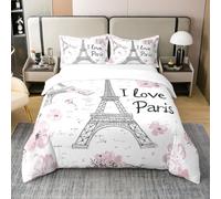 Homewish Paris Coton Couvre Lit 240 x 260,Vintage Tour Eiffel Parure de Lit Doux Respirant,Groovy Floral Literie Set,I Love Paris Romantique Valentine Housse de Couette Mariage