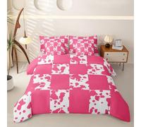 Homewish Parure de Lit 140x200 7 Pièces Polyester Imprimé Vache | Housse de Couette Roses Grilles Patchwork Drap Housse Peau de Vache Ferme Drap Plat, 2 Taies d'oreiller, 2 Housses de Coussin