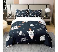 Homewish Parure de Lit 220x240 Ado Garçon Coton Fusée, Housse de Couette Fusée de Dessin Animé, Ensemble de Literie Ciel Étoilé, Couvre Lit Espace Extérieur Galaxie Planète, Noire, Doux