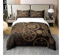 Homewish Parure de Lit 220x240 Coton Biologique, Ensemble de Literie Golden Ndustrial Gear, Housse de Couette Steampunk, Housse Couette À Thème Horlogerie pour Garçons Hommes, Couvre Lit Noir