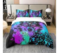 Homewish Parure de Lit 240x260 en Coton, Ensemble de Literie Wolf, Housse de Couette Tie Dye, Housse Couette Animaux Safari Imprimés pour Enfants Garçons, 2 Taies d'oreiller, Teal Noir Coloré