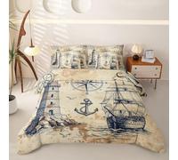 Homewish Parure de Lit 7 Pièces 140x200 Polyester Voilier Phare | Housse de Couette Ancre Boussole Drap Housse Océan Côtier Rétro Drap Plat, 2 Taies d'oreiller, 2 Housses de Coussin