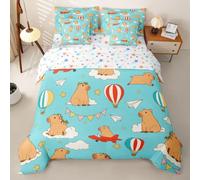 Homewish Parure de Lit 7 Pièces 200x200 Polyester Capybara Mignon | Housse de Couette Montgolfière Appareil Volant Drap Housse Nuage Étoiles Paillettes Drap Plat, 2 Taies d'oreiller