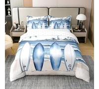 Homewish Parure de Lit Phare Coton Housse de Couette 220x240 Plage Plage de Sable Palmiers Tropicaux Couvre Lit Planche de Surf Sets de Housses de Couettes La Mer Côtière Bleu et Blanc