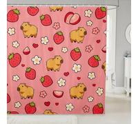 Homewish Rideau Douche 180x210cm Fraise Capybara | Rideaux de Douche Anti Moisissure Marguerite Blanche Bloom Rideau de Baignoire Féminin Cœur Roses Rongeur -