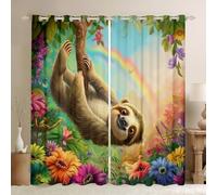 Homewish Rideau Occultant 140x175 cm Arc-en-Ciel Paresseux,Rideau Enfants Adultes Peinture À l'huile Paresseuse,Rideaux Voilage Petit Animal Sauvage,Voilage Fenetre Groovy Fleurs pour Chambre Salon