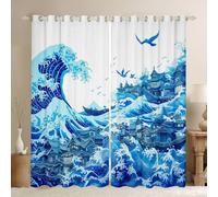 Homewish Rideau Occultant 140x175 cm la Grande Vague Rideau Style Japonais Rideaux Voilage Vagues Océan Voilage Fenetre Blanc Bleu pour Chambre Salon