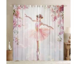 Homewish Rideau Occultant 30%-50% Enfant Fille Ballet Danseuse, Rideau Adulte Ballerines Dansantes, Rideau Voilage Floral Rose Mignon, Voilage Fenetre Romantique, 140x245 cm, 2 Panneaux