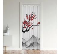 Homewish Rideaux de Porte de Style Japonais 86x203 cm, Rideau Occultant Imprimé de Fleurs de Cerisier Rouges, Rideau de Porte Interieur À Motif du Mont Fuji, Peinture À L'Encre Noir et Blanc