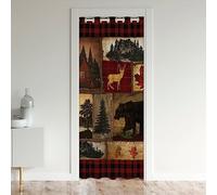 Homewish Rideaux Occultants Plaid Rustiques - Cabane d'Ours, Ferme, Chasse Au Cerf, Woodland Pine Tree, Érable Chalet - Rouge Noir Brun 132x203 cm