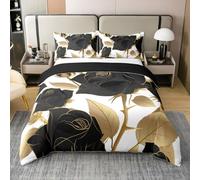 Homewish Rose Coton Housse de Couette 200x200,Rose Noire Feuille d'or Parure de Lit Robe de Couple,Romantique Mystère Élégant Couvre Lit,Fleurs Végétales Literie Set,Rose avec des Épines Linge de Lit
