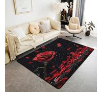 Homewish Roses Tapis Salon 100x150,Romantique Fleur 3D Tapis Antidérapant,Pétale Saint Valentin Fleur Ferme Tapis Intérieur Et Extérieur,Noir Rouge Fleur Amoureux Tapis Décoratif Salon