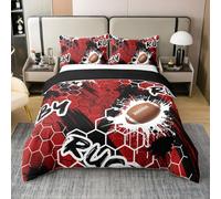 Homewish Rugby Coton Housse de Couette 140x200,Football Sport Parure de Lit pour Le Lit,Jeu en Nid d'abeille Imprimé Chambre Décor Enfant Garçon Literie Set,Peinture À L'Encre Rouge Noire Couvre Lit