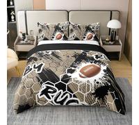Homewish Rugby Coton Housse de Couette 200x200,Sports Cellulaires Parure de Lit Chambre,Football Imprimé À L'Encre Douce pour Enfants Adultes Literie Set,Brun Boule Noire Catégorie Jeux Couvre Lit