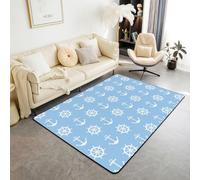 Homewish Tapis Salon 100x150cm Ancre Bleu Ciel Blanc Tapis Chambre Océan Tapis Sol Voile Côtière Groovy Décoration D'Intérieur Roue de Bâteau Minimaliste