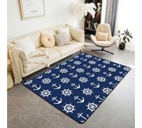 Homewish Tapis Salon 100x150cm Ancre Bleu Marine Blanc Tapis Chambre Océan Tapis Sol Côtier Groovy Décoration D'Intérieur Roue de Bâteau Minimaliste