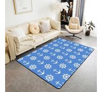 Homewish Tapis Salon 100x150cm Ancre Bleu Royal Blanc Tapis Chambre Océan Tapis Sol Côtier Groovy Décoration D'Intérieur Roue de Bâteau Minimaliste