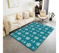Homewish Tapis Salon 100x150cm Ancre Sarcelle Blanc Tapis Chambre Océan Tapis Sol Voile Côtière Groovy Décoration D'Intérieur Roue de Bâteau Minimaliste