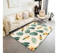 Homewish Tapis Salon 100x150cm Palmier Tropical Vert Tapis Chambre Floral Hibiscus Jaune Mignon Tapis Sol Botanique Monstera Beige Chaud Décoration D'Intérieur Côtier Esthétique Été
