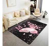 Homewish Tapis Salon 100x150cm Papillon Rose Rêveur Tapis Chambre Lettre M Personnalisée Joli Princesse Tapis Sol Imprimé Paillettes Fantaisie Décoration D'Intérieur Imprimé Scintillant Moderne