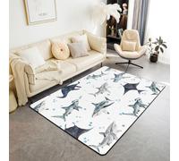 Homewish Tapis Salon 100x150cm Raie Tapis Chambre Requin Tapis Sol Requin Marteau Style Peint à la Main Décoration D'Intérieur Bulle Aquarelle sous-Marine