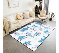 Homewish Tapis Salon 100x150cm Requin Tapis Chambre Bulles Tapis Sol Requin de Dessin Animé Kawaii Vie Marine Décoration D'Intérieur Bleu Peint à la Main Simple