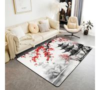 Homewish Tapis Salon 100x150cm Tour Japonaise Tapis Chambre Fleur de Cerisier Tapis Sol Peinture à l'Encre Vintage Décoration D'Intérieur Paysage Naturel