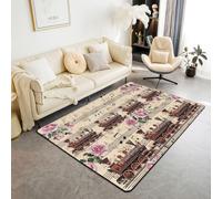 Homewish Tapis Salon 100x150cm Train à Vapeur Vintage Tapis Chambre Floraux Boho Roses Roses Tapis Sol Notes de Musique Décoration D'Intérieur Esthétique Romance Victorienne