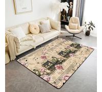 Homewish Tapis Salon 100x150cm Train à Vapeur Vintage Tapis Chambre Notes de Musique Tapis Sol Floraux Boho pivoines Roses Décoration D'Intérieur esthétique Victorienne rétro