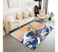 Homewish Tapis Salon 150x200cm Chat Mignon Kawaii Tapis Sol Requin sous-Marin Japonais Tapis Chambre Vagues Océan Bleues Ukiyoe Décoration D'Intérieur Ciel Coucher de Soleil Dégradé
