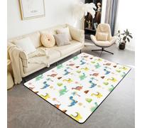 Homewish Tapis Salon 150x200cm Dino Mignon Tapis Sol Dinosaures Colorés Tapis Chambre Motif Animaux de la Jungle de Dessin Animé Décoration D'Intérieur Palmier Coco Botanique