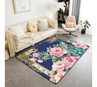 Homewish Tapis Salon 150x200cm Fleur Dessin Animé Tapis Sol Floral Groovy Tapis Chambre Fleur Sauvage Bleu Blanc Décoration D'Intérieur Botanique