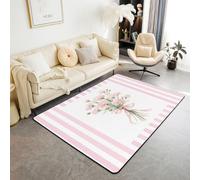 Homewish Tapis Salon 150x200cm Fleur Rose Tapis Sol Floral Œillet Tapis Chambre Rayé Rose et Blanc Décoration D'Intérieur Bouquet de Nœuds Coquets