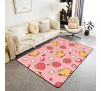 Homewish Tapis Salon 150x200cm Fraise Capybara | Tapis Sol Antidérapant Marguerite Blanche Bloom pour Chambre à Coucher Féminin Cœur Roses Rongeur -