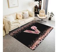 Homewish Tapis Salon 150x200cm Imprimé Léopard Rose Tapis Sol Nœud Lettre V de l'Alphabet Tapis Chambre Esthétique Coquette Cottagecore Décoration D'Intérieur Monogrammé Personnalisé Princesse