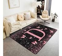 Homewish Tapis Salon 150x200cm Papillon Rêveur Tapis Sol Imprimé Paillettes Rose Princesse Tapis Chambre Lettre D Personnalisée Girly Décoration D'Intérieur Mode Moderne Tendance