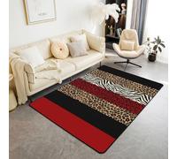 Homewish Tapis Salon 150x200cm Rayures Imprimé Léopard Simulé Noir Rouge Y2K Tapis Sol Motif Zèbre Tigre Tapis Chambre Peau de Guépard Animal Sauvage Décoration D'Intérieur Géométrique à Carreaux