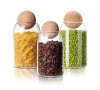 HomeyHoney Bocal en Verre avec Couvercle et Bouchon en Liège, 800 ml | Lot de 3 Bocaux en Verre pour Conserves, Verre Borosilicaté, Bonbonnières pour Bonbons, Sucre, Pâtes, Café