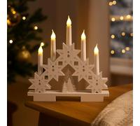 HomeZone Pont de bougies de Noël en bois blanc - Arc de bougies à flocons de neige rustique avec 5 lumières LED blanches chaudes - Pont de bougies à piles pour décoration de fenêtre de maison