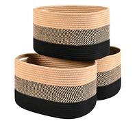 HOMHOLDON Paniers En Corde De Coton,Lot De 3 Paniers De Rangement Tissés,Bacs D'Étagère,Bacs À Serviettes De Salle De Bain,Paniers À Jouets,Panier De Chambre D'Enfant,Paniers À Linge(Marron Noir)