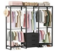 Homieasy Dressing Ouvert Avec 3 Tiroirs, Penderie Modulable En L | Cadre En Métal Et Bois, Charge Jusqu'à 450 Kg, Pour Chambre, Entrée Ou Dressing