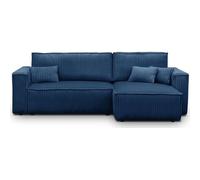 HOMIFAB Canapé d'angle Convertible Réversible 4 Places Livia Velours Gros Côtelé Bleu Foncé 240x145x82 cm Coffre Rangement
