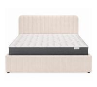 HOMIFAB Ensemble Lit Coffre Adulte 140x190cm avec tête de lit en Tissu bou eige - Ava + Matelas mémoire de Forme - Memo HR