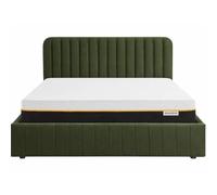 HOMIFAB Ensemble Lit Coffre Adulte 140x190cm avec tête de lit en Velours Vert Kaki - Ava + Matelas mémoire de Forme - Dual Confort