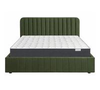 HOMIFAB Ensemble Lit Coffre Adulte 140x190cm avec tête de lit en Velours Vert Kaki - Ava + Matelas mémoire de Forme - Memo HR