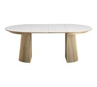 Table à manger ronde extensible en céramique effet marbre et bois clair 6/8 places 120/200 cm - Ada