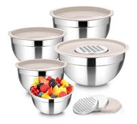 Homikit Lot de 5 Bols à Mélanger avec Couvercles, Grand Bol Saladier en Acier Inoxydable avec Râpes, Empilable Bol Mélangeur de 0.7L-4.6L, Bol Cuisine pour Cuire, Lavable au Lave-Vaisselle, Kaki